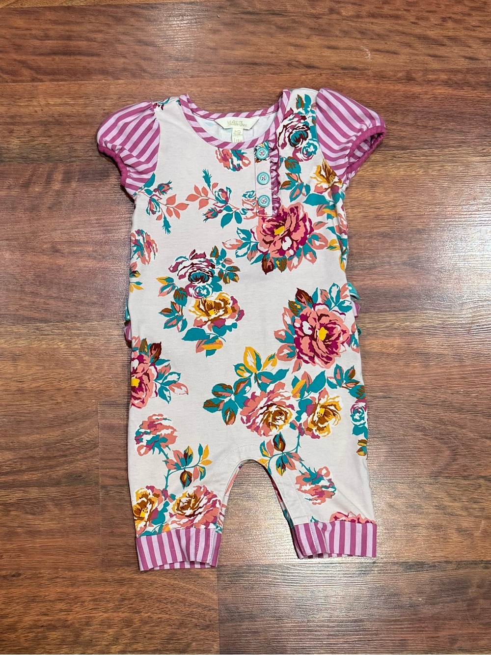 Matilda Jane - Romper with Pink and Teal Ruffles and Floral Pattern